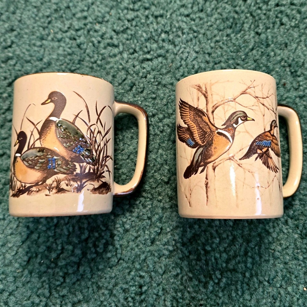 Vintage Otagiri Japan Stoneware Duck Mugs Set of 2 Embossed Mallard Wood Duck